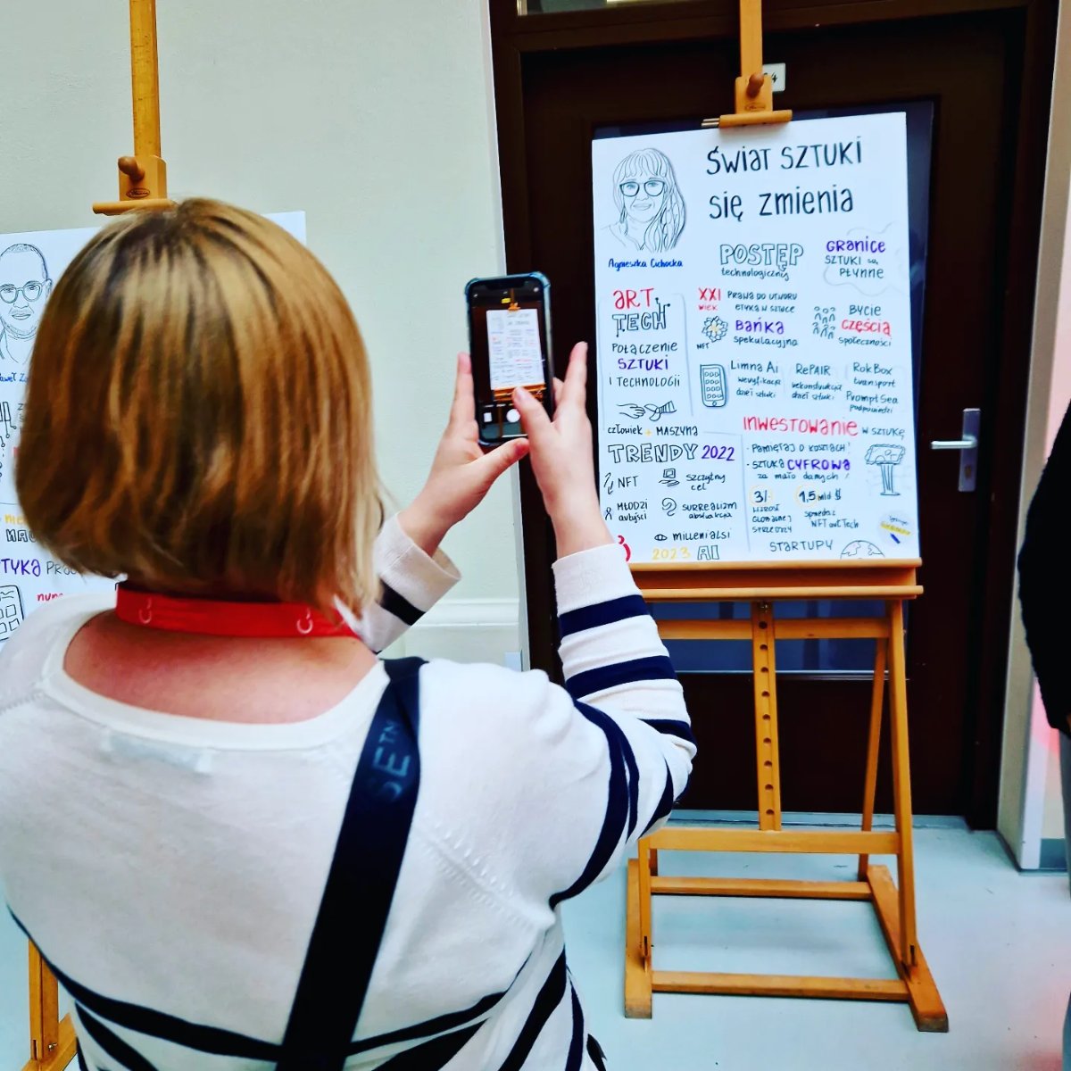 Uczestniczka konferencji fotografuje notatkę wizualną na sztaludze