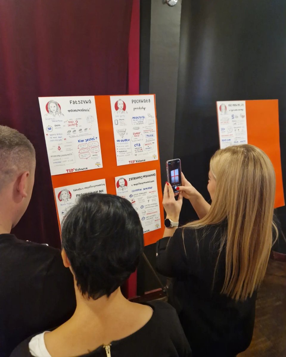 Uczestnicy fotografują notatki wizualne z TEDx Katowice wywieszone na ścianie