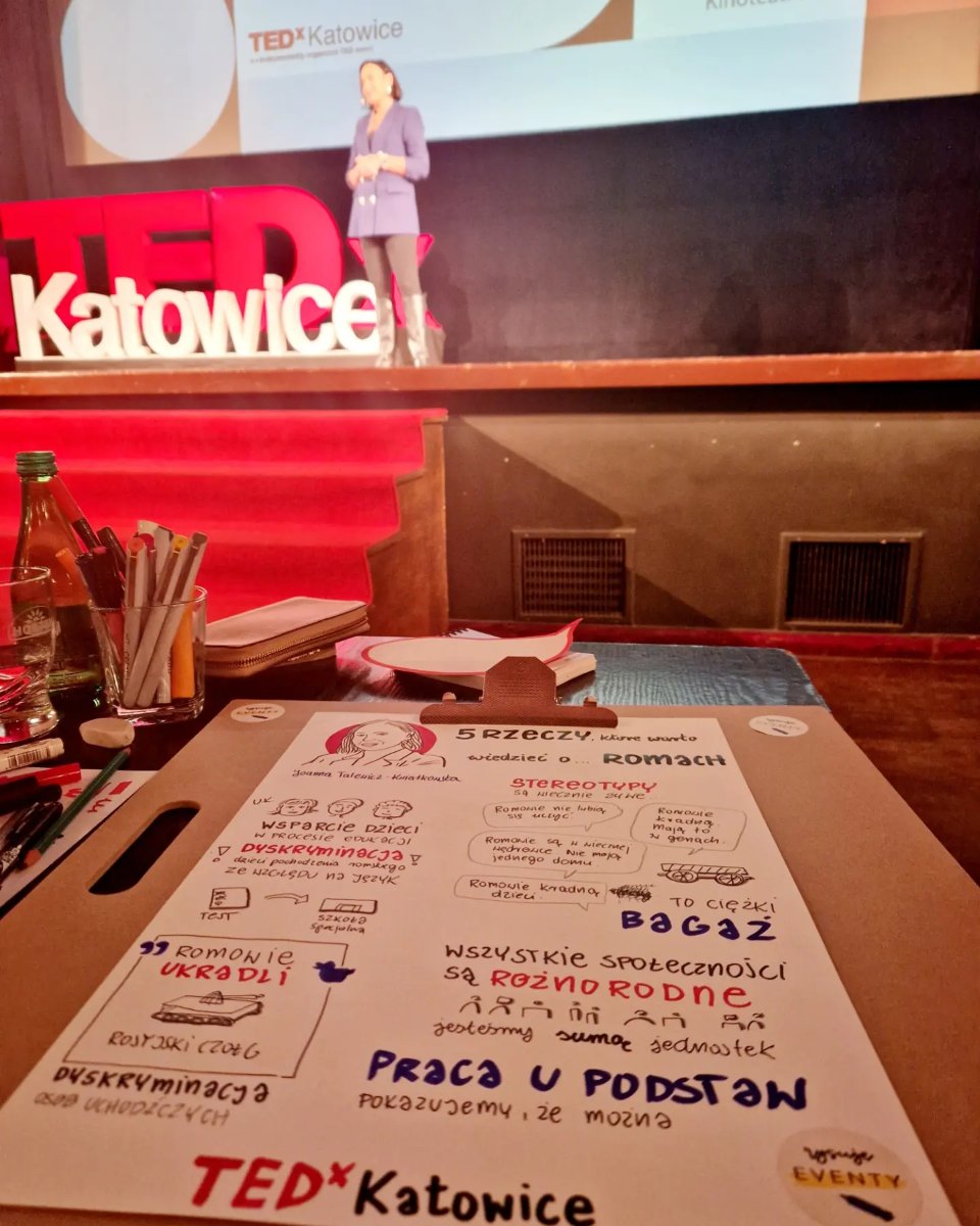 Stanowisko do rysowania z planszą i markerami przy scenie TEDx Katowice