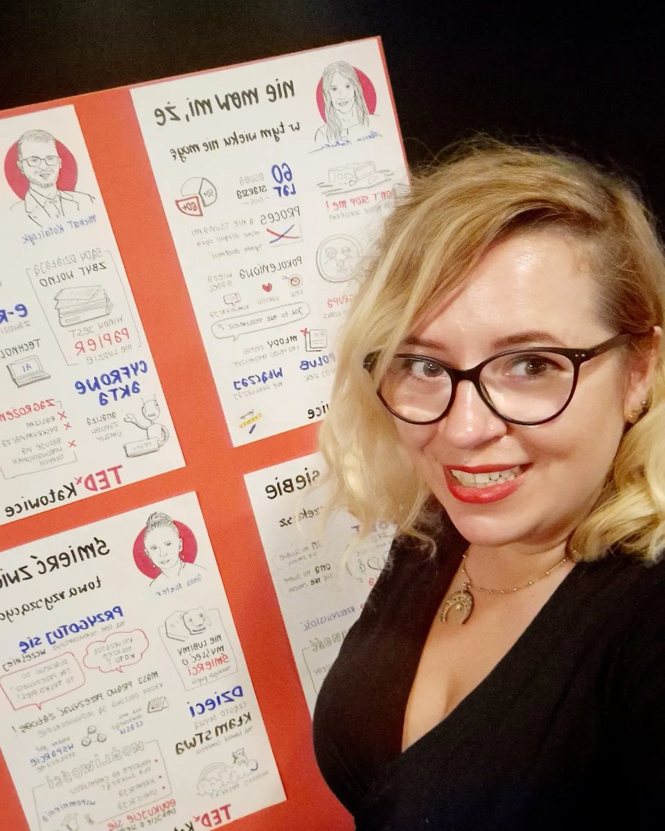 Sylwia Chmielewska przy ścianie z notatkami wizualnymi z TEDx Katowice